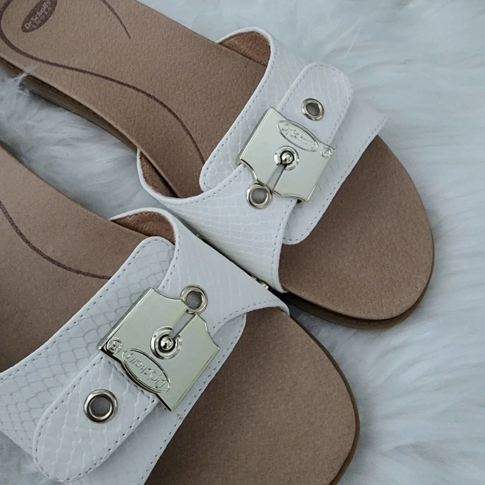 Dr. Scholl's White Buckle Slide Sandals